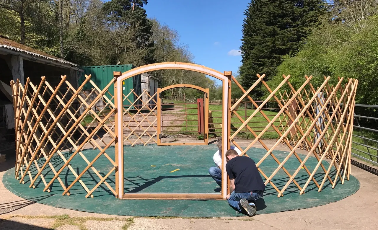 First fitting of yurt frame First fitting of yurt frame
